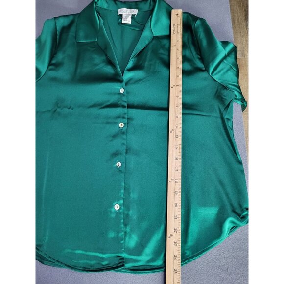Rachel Zoe XL Satin Green Button Down Blouse Holiday Glam Jewel Tone Secretary - Picture 7 of 8